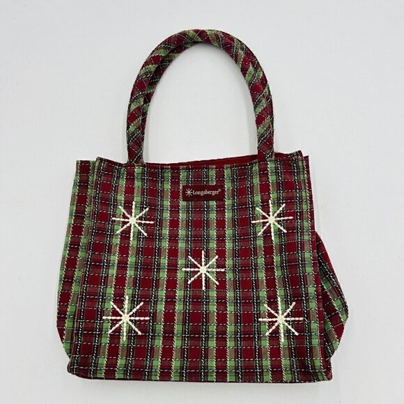 Longaberger Handbags - Longaberger 2009 Tote Snowflake/Holiday Plaid Fabric 9" x 9.5" Double Handle